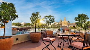 Terraza en la azotea con mobiliario exterior, plantas en macetas y vistas a edificios históricos.