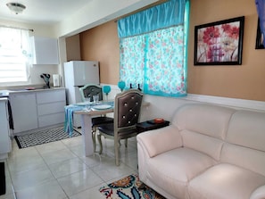 A compact living space with a kitchenette, dining area, and a sofa.