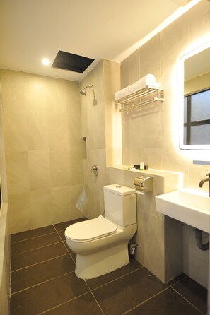 Een moderne badkamer met toilet, douche en wastafel.