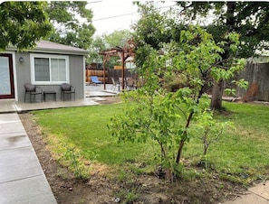 A backyard with a patio, a small shed, and a tree.