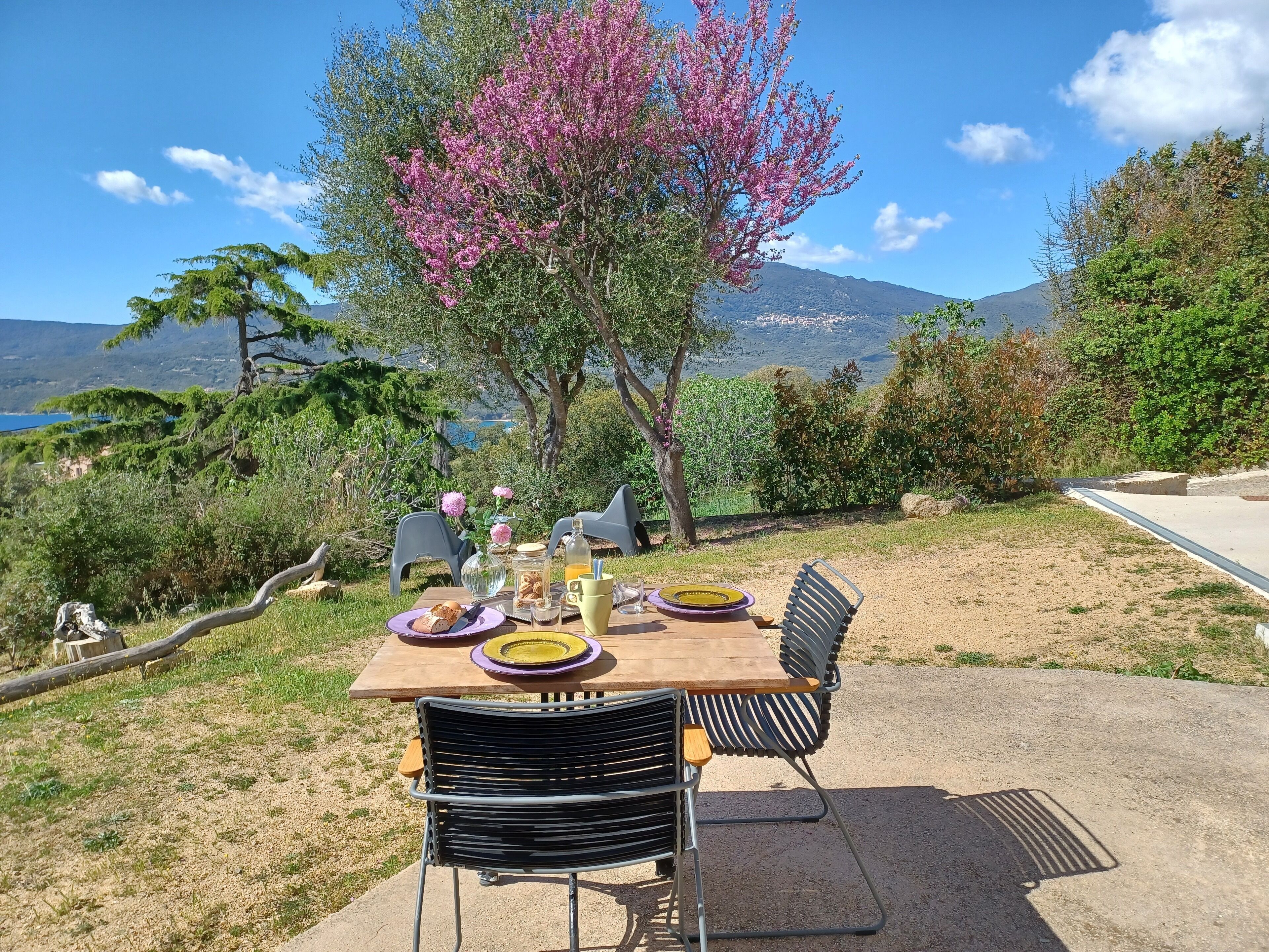 An outdoor dining area with a table set for two, surrounded by chairs, a vase with flowers, and a view of a mountainous landscape.