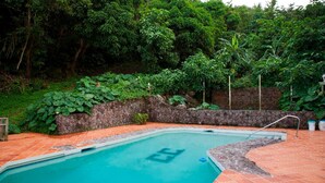 A swimming pool with a stone wall and lush greenery in the background. - The Cottage Club Hotel (Windward Side)