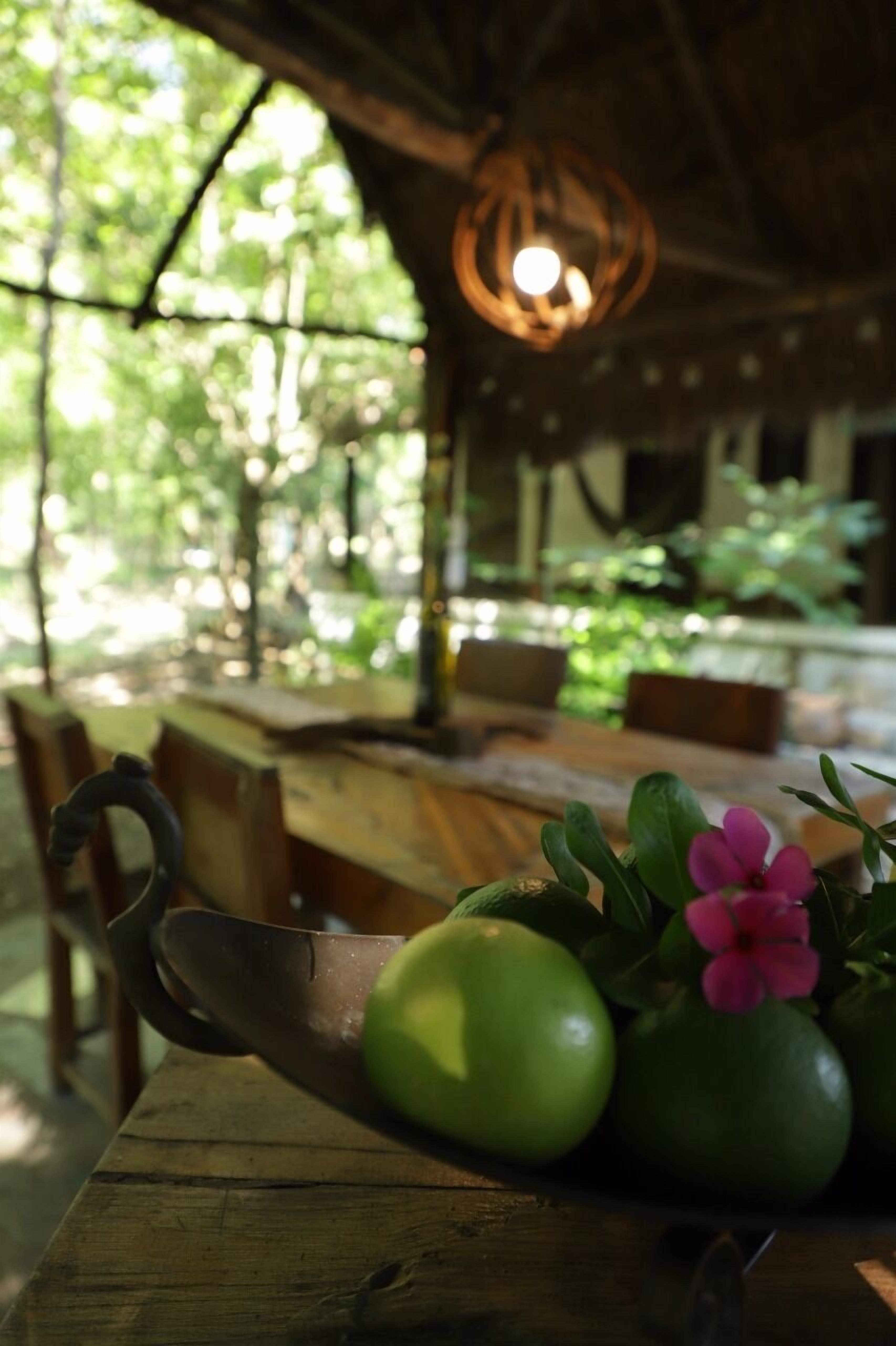 Una mesa de madera rústica con fruta verde y una flor rosa.