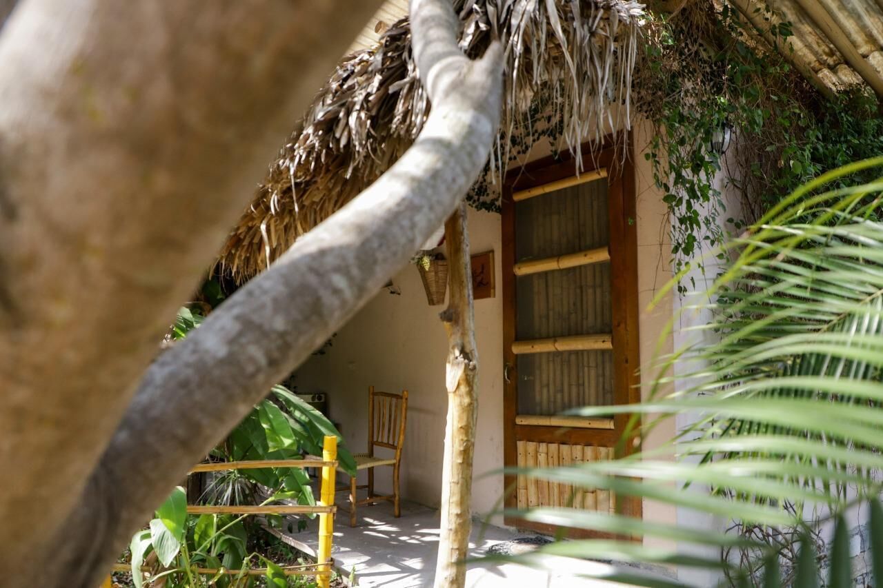 A rustic thatched-roof structure with a wooden door and a small wooden chair inside.