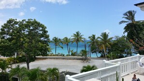 Une vue sur une plage bordée de palmiers, avec un ciel bleu et dégagé.