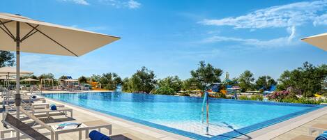 Outdoor pool, pool umbrellas, pool loungers