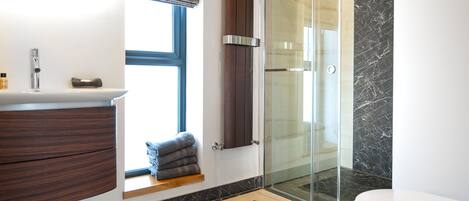 A modern bathroom with a glass shower, a white toilet, and a vanity with a sink and mirror.