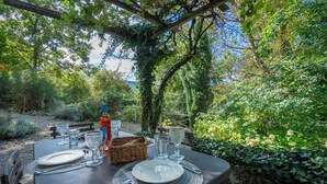 An outdoor dining table set with plates, cutlery, and glasses, surrounded by lush greenery and trees. - Casa dell'Ambasciatore (Castiglione d'Orcia)