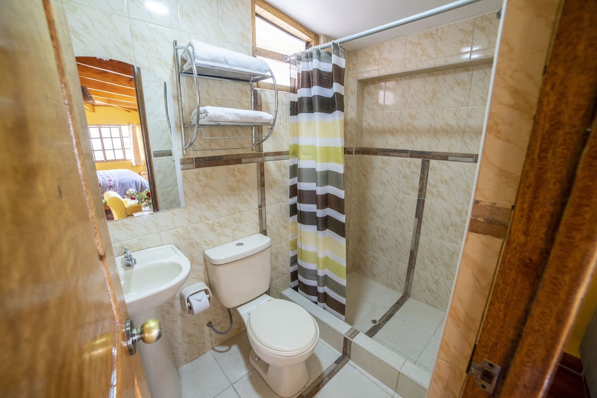 A bathroom with a toilet, sink, and shower curtain.