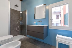 Shower, hair dryer, bidet, towels