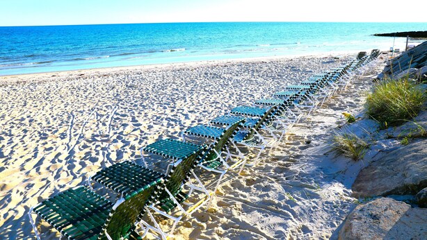 A beach with rows of green lounge chairs facing the ocean.