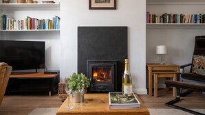 A living room with a fireplace, bookshelves, a television, and a wooden coffee table. - Heddfan (Conwy)