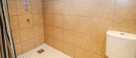 A small, tiled bathroom with a shower, a toilet, and a control panel for the shower.
