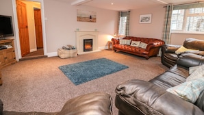 A living room with a fireplace, leather sofas, a television, and a blue rug. - Fisher Granary (Lampeter)