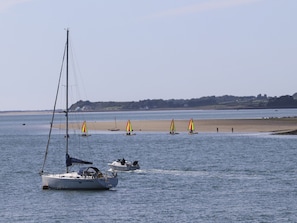 Enjoy sailing and leisurely boating in a peaceful coastal setting with sailboats and a yacht anchored near the shore.