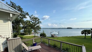 A deck with a view of a lake, a gazebo, and a grassy area. - Great house with dock on Lake Murray SC.  Excellent for families, fishing, fun (Prosperity)