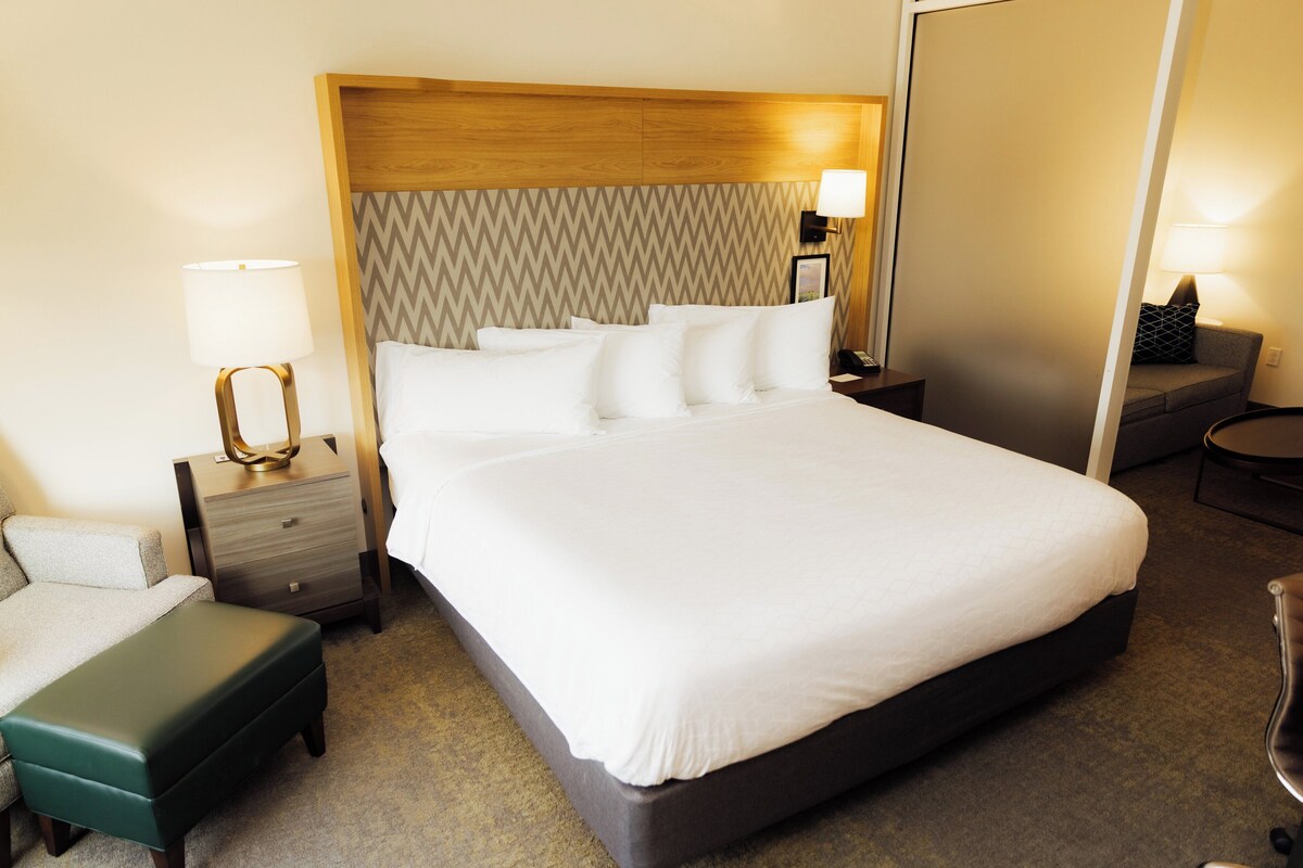 Una habitación de hotel con una cama grande, una mesita de noche con lámpara, un banco verde y un atril con teléfono.