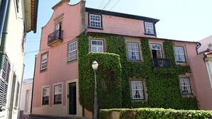 Un edificio rosa con múltiples ventanas y balcones, algunos con hiedra verde.