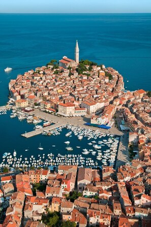 An aerial view of a coastal town with a dense cluster of buildings, a prominent tower, and a marina filled with boats. - Room in Rovinj with Seaview, Balcony, Air condition, WIFI (81-4) (Rovinj)