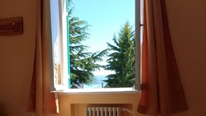 A room with a bed, a window with curtains, a radiator, and a view of trees and a body of water. - Hosteria La Pastorella (San Carlos de Bariloche)