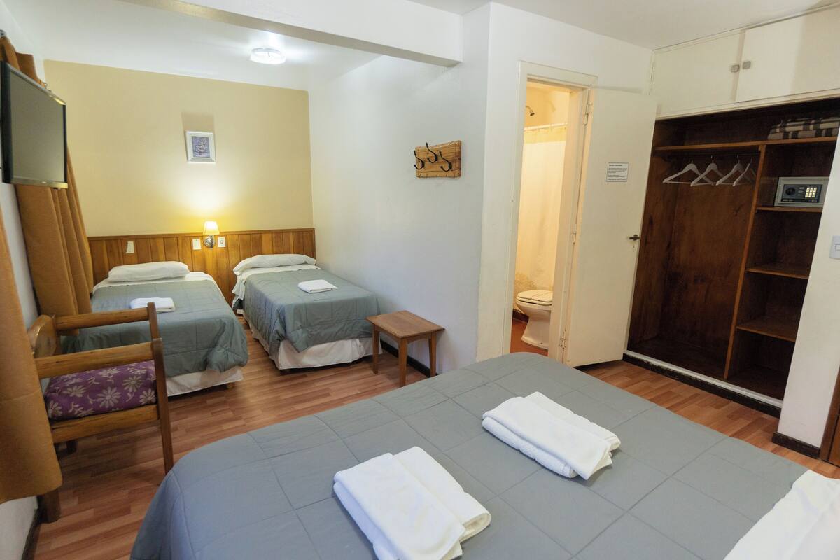 Habitación de hotel con dos camas, un armario de madera, una mesita pequeña y zona de ducha.