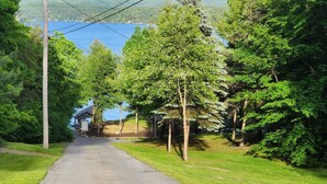 A rural road flanked by lush greenery and a small wooden structure on the left.