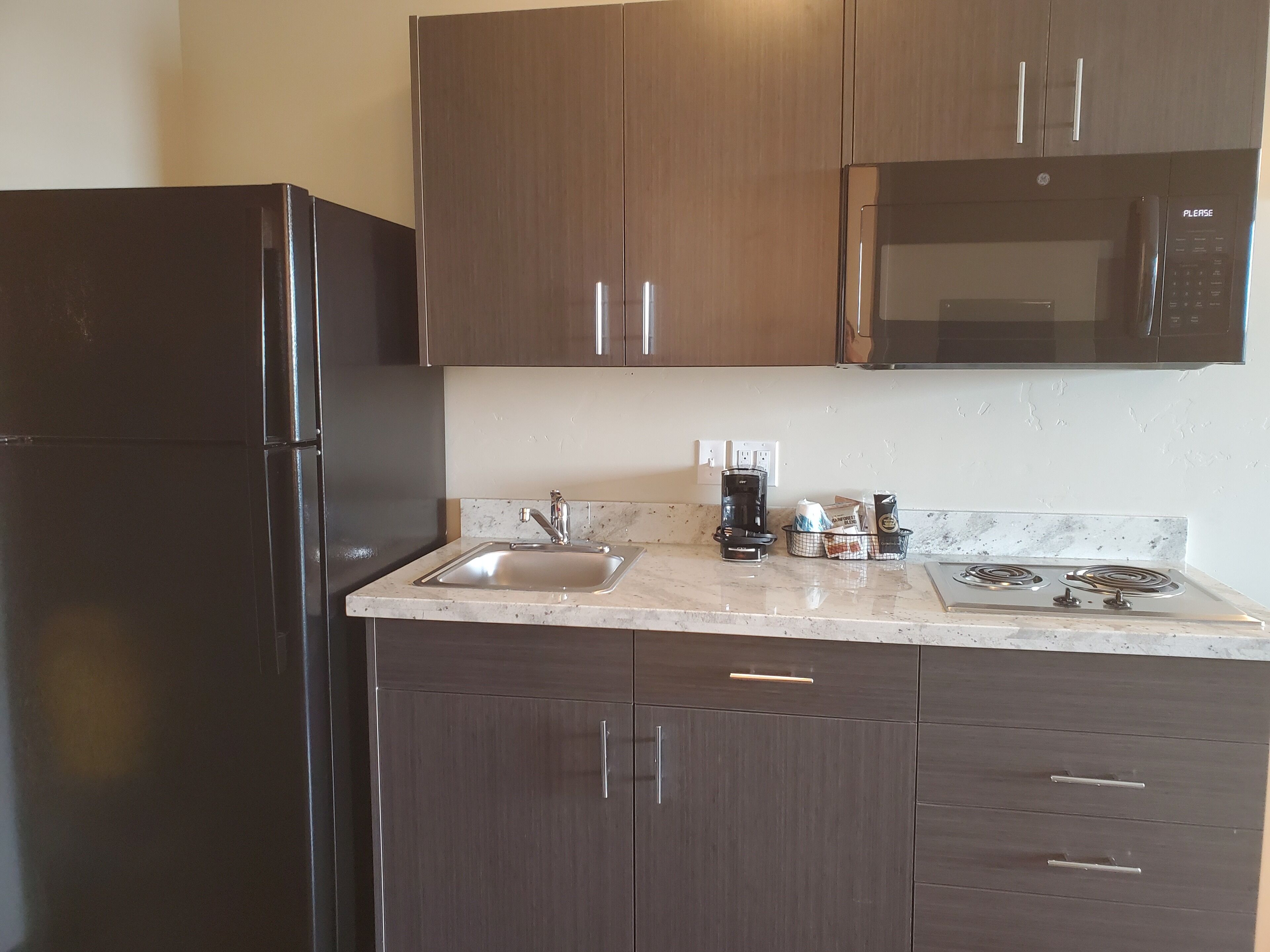 full-sized fridge, microwave, stovetop, coffee/tea maker