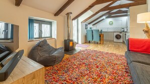 Una sala de estar acogedora con chimenea, televisor y una alfombra colorida.