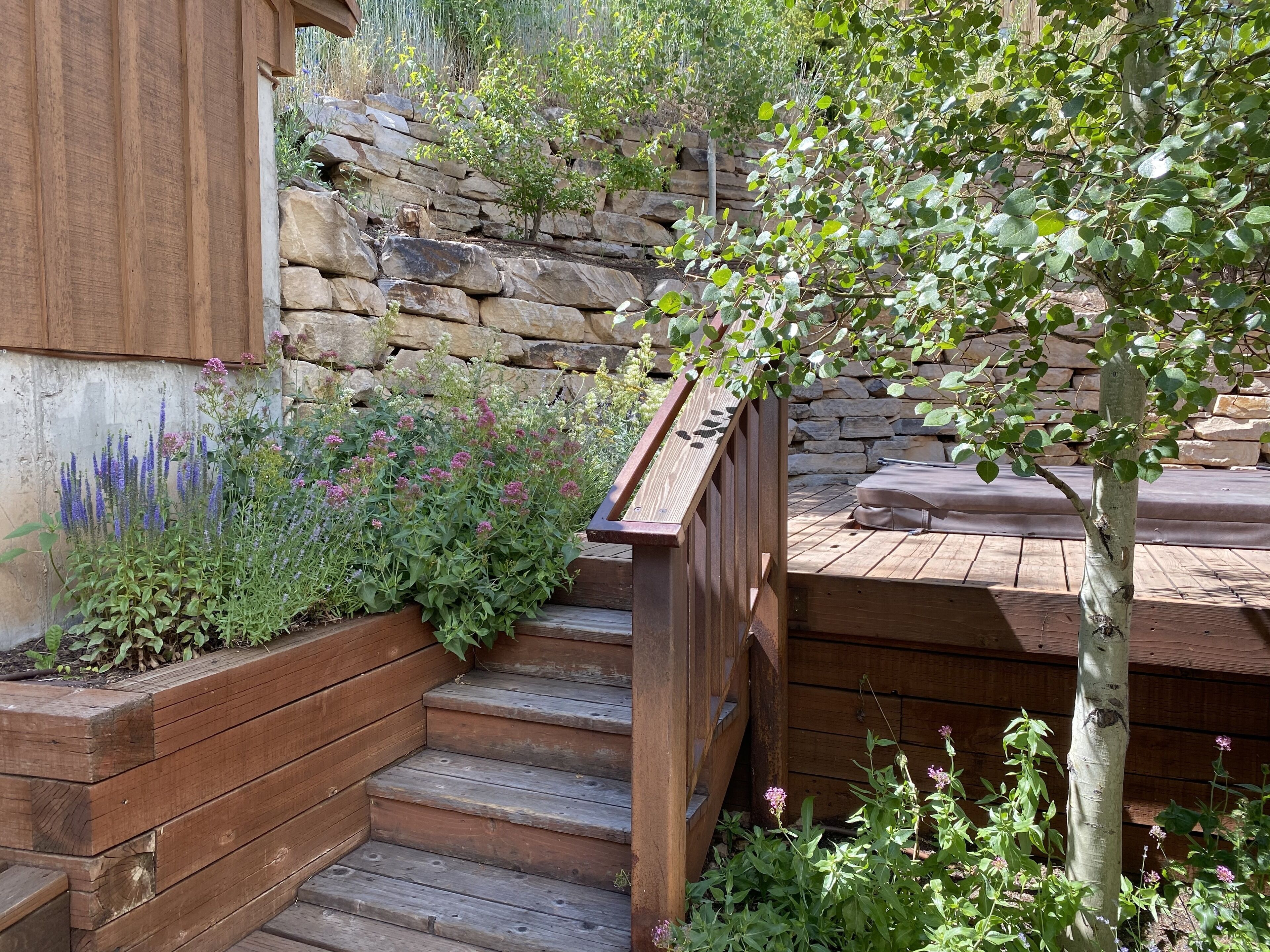 A wooden staircase leading to a deck with a stone wall backdrop and various plants.
