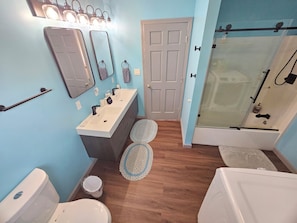 Hair dryer, towels, soap, shampoo