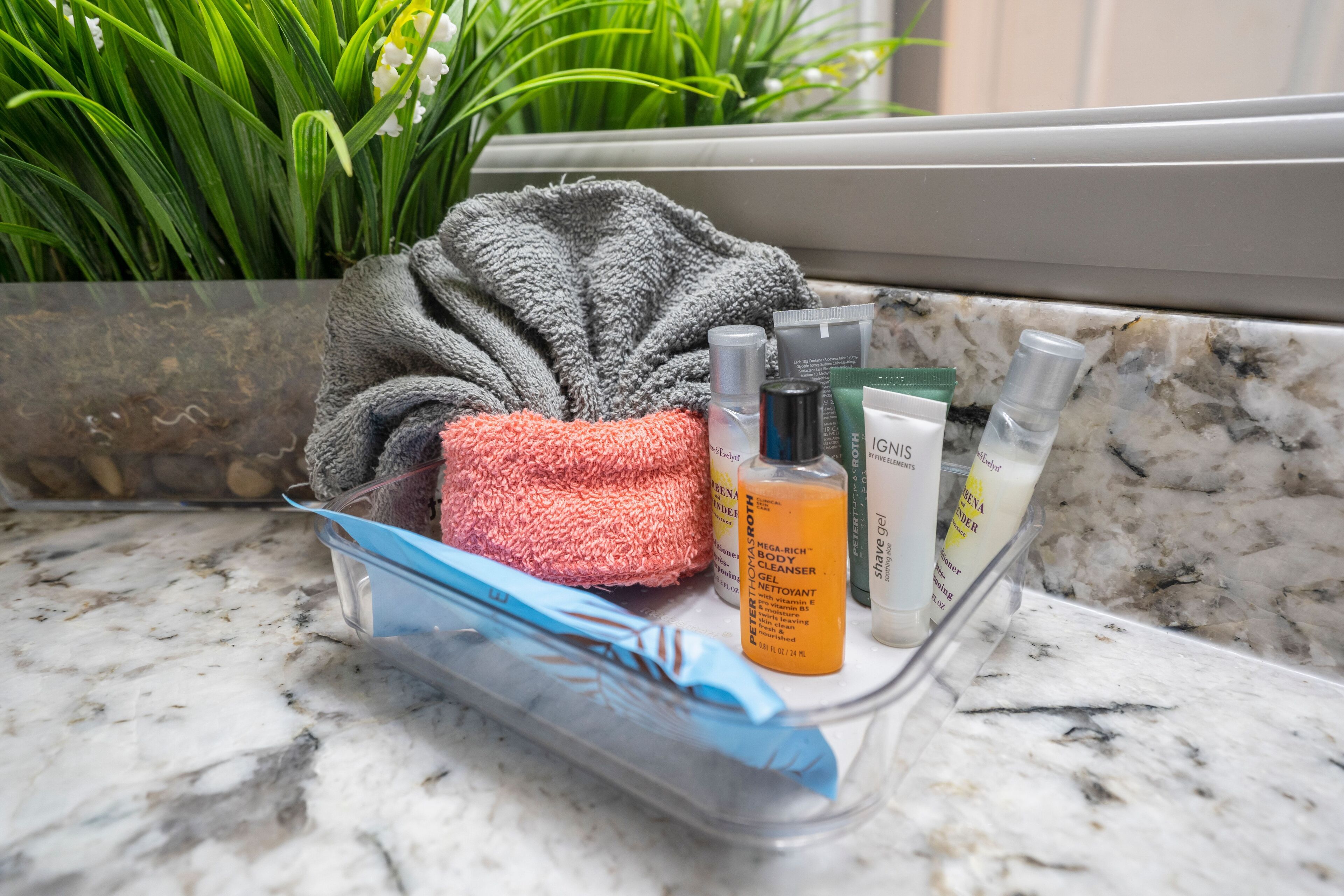 Combined shower/tub, hair dryer, towels, soap