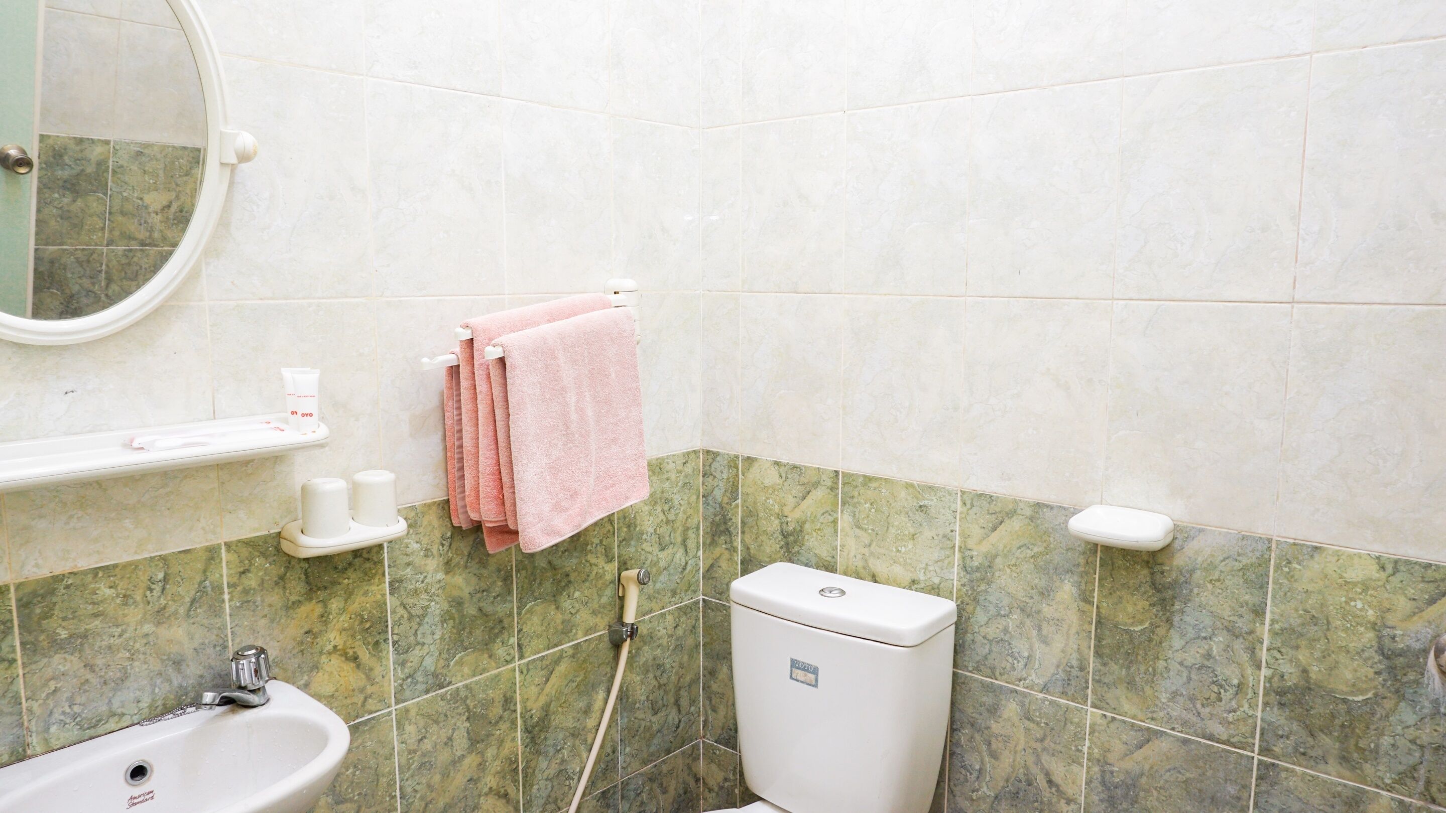 A bathroom with a sink, toilet, and mirror. There are pink towels hanging on a rack, and toiletries on a shelf.