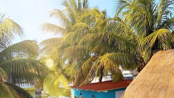 A pool area with a clear blue pool, surrounded by palm trees and thatched-roof buildings.
