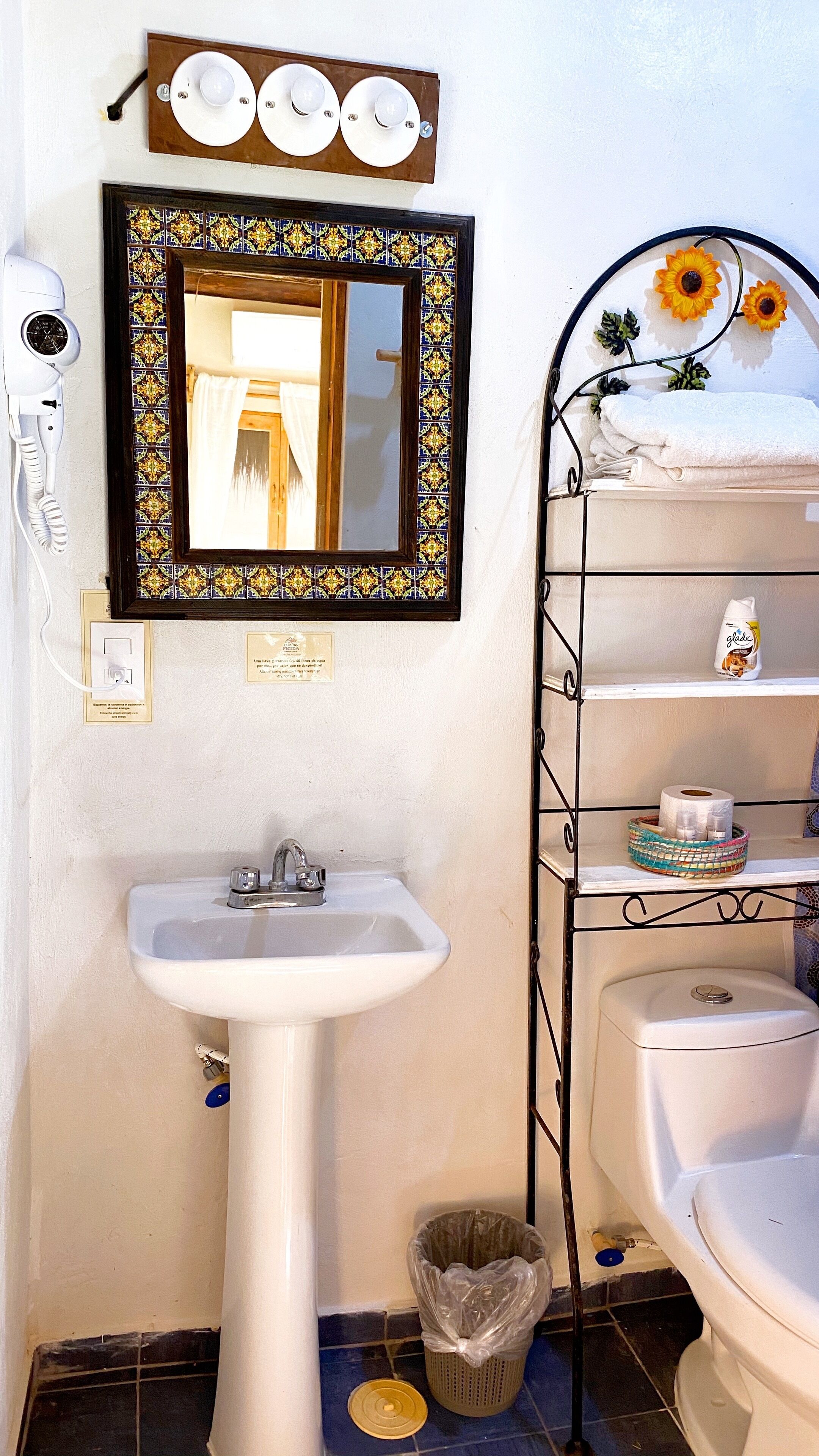 Un baño con lavamanos pedestal, un espejo con marco decorativo, un secador de pelo, un estante con artículos de aseo personal y un inodoro.