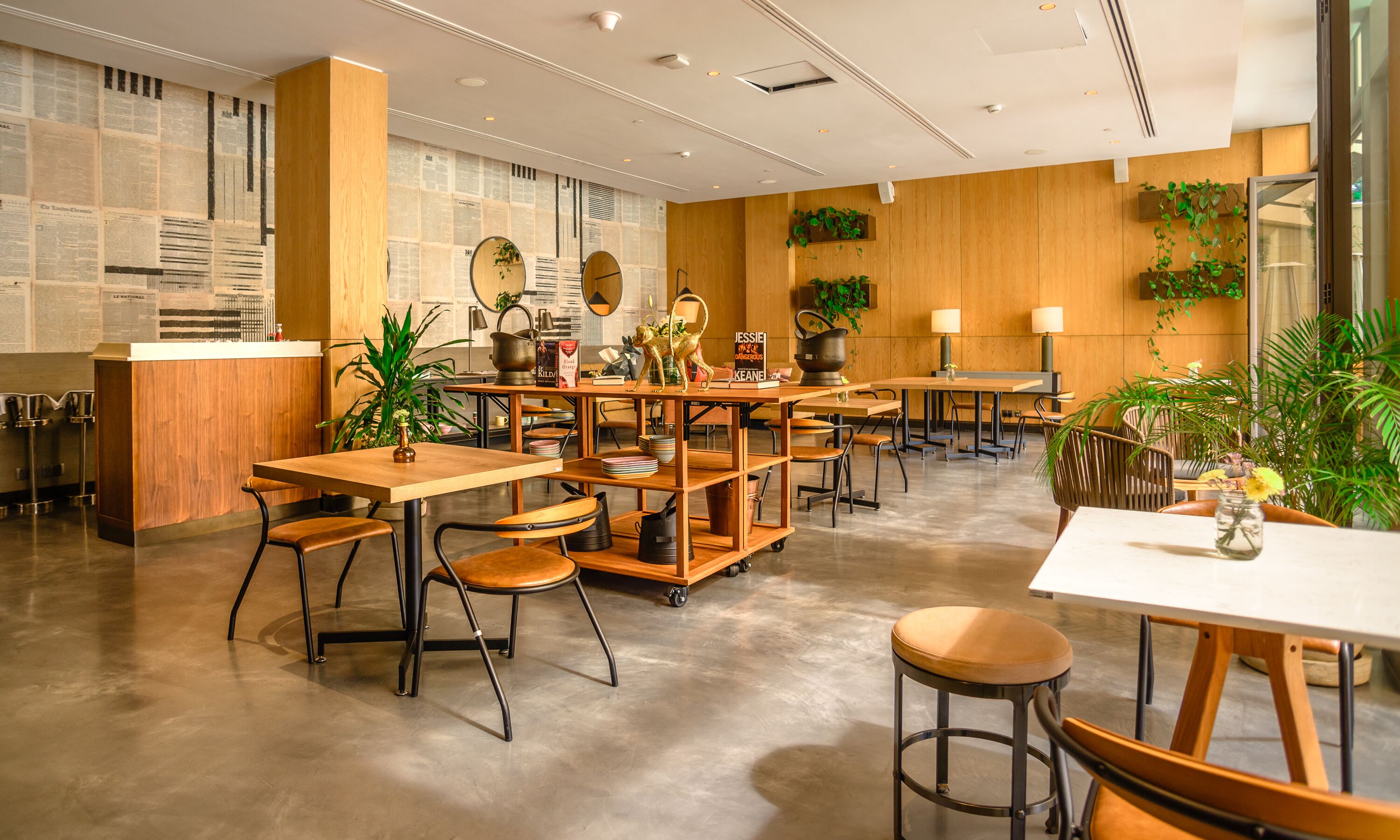 Un café moderne avec des tables et des chaises en bois, un comptoir où sont exposés des journaux et des plantes en pot.