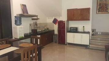 Fridge, microwave, electric kettle, toaster