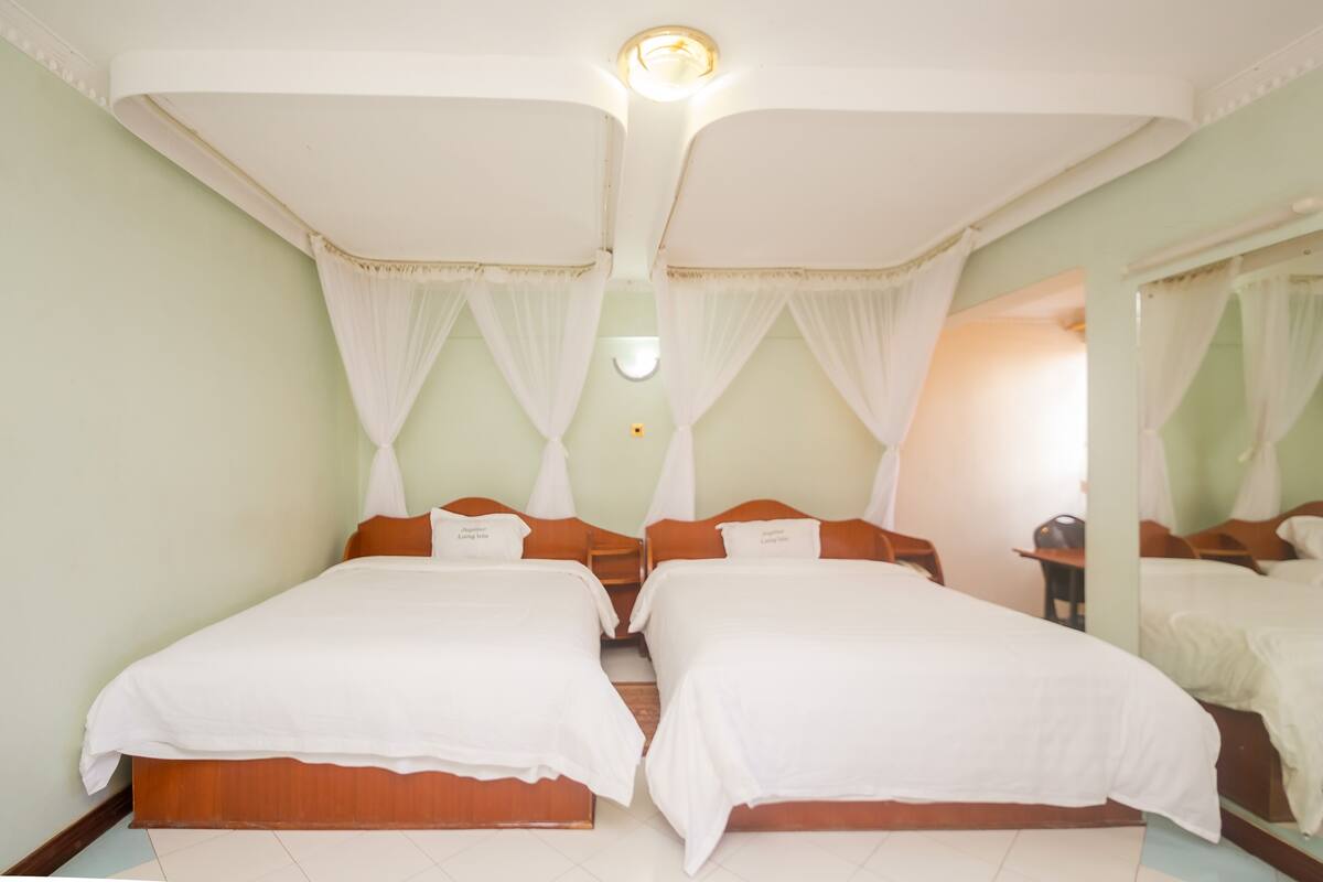 A double bed with white bedding, a wooden headboard, and a canopy.