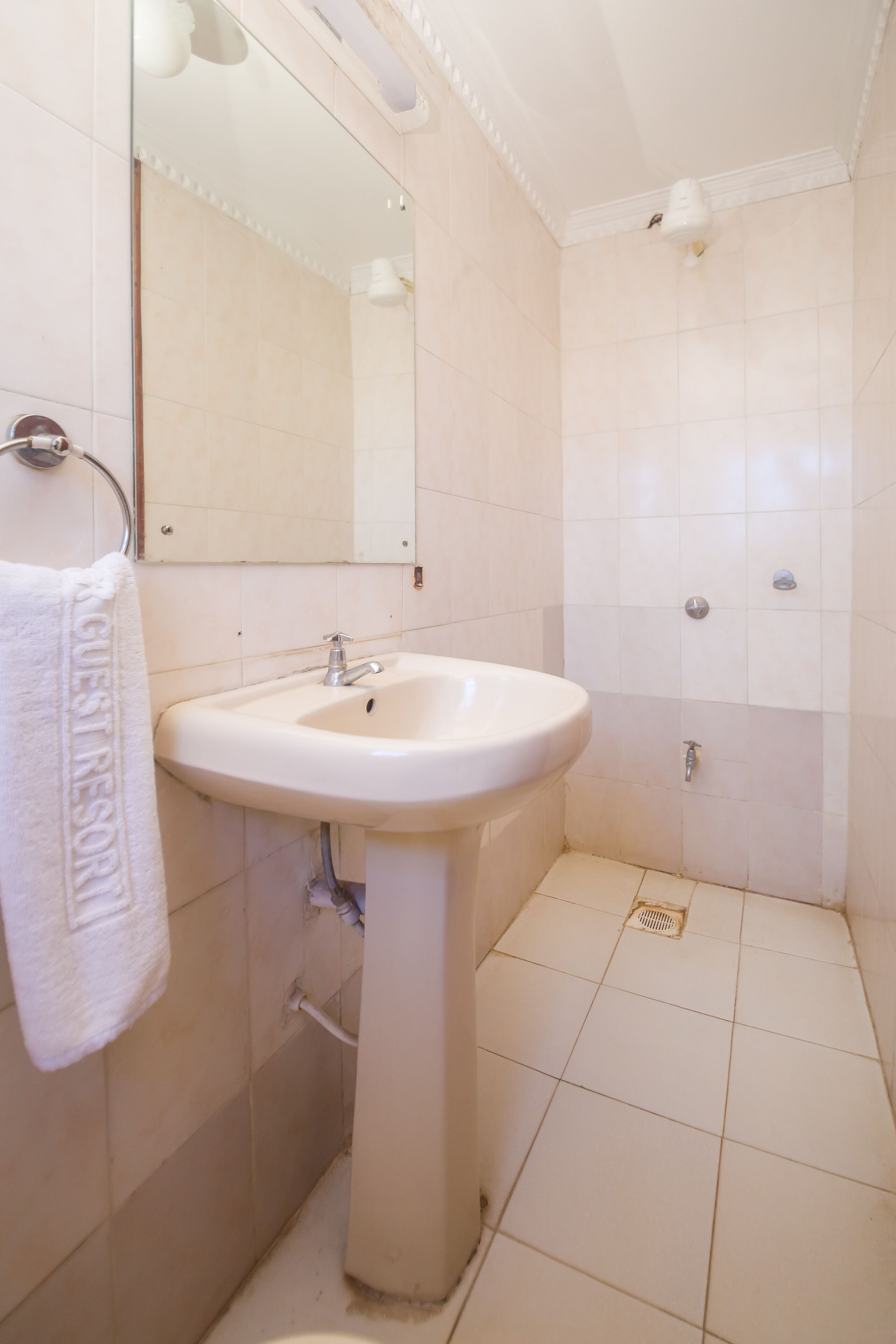 Une salle de bain avec un lavabo, un miroir et une douche.