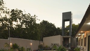 Un sendero curvo de concreto que conduce a un edificio con diseño arquitectónico moderno, rodeado de follaje ajardinado e iluminación exterior.
