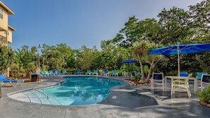 A swimming pool with blue chairs and umbrellas, surrounded by trees and a building. - **DOCKSIDE DAYDREAMS @ COCONUT MALLORY** Villa + Last Key White Glove Service... (Key West)