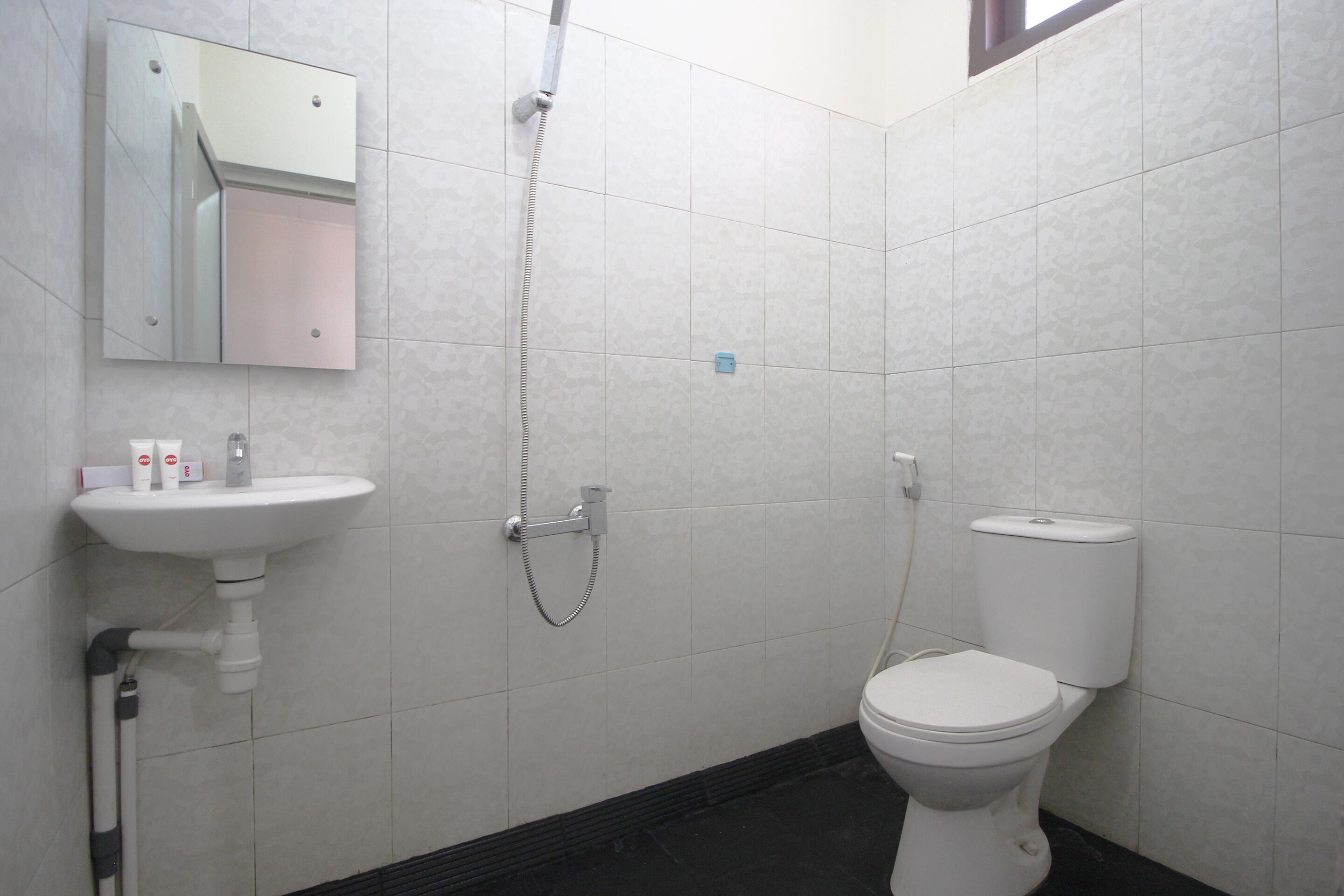 Een badkamer met een witte wastafel, spiegel en toilet.