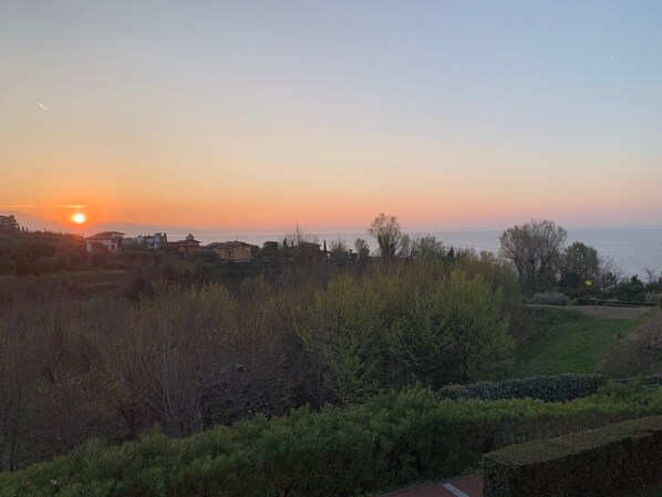 A coastal landscape with a sunset, houses, and a golf course.