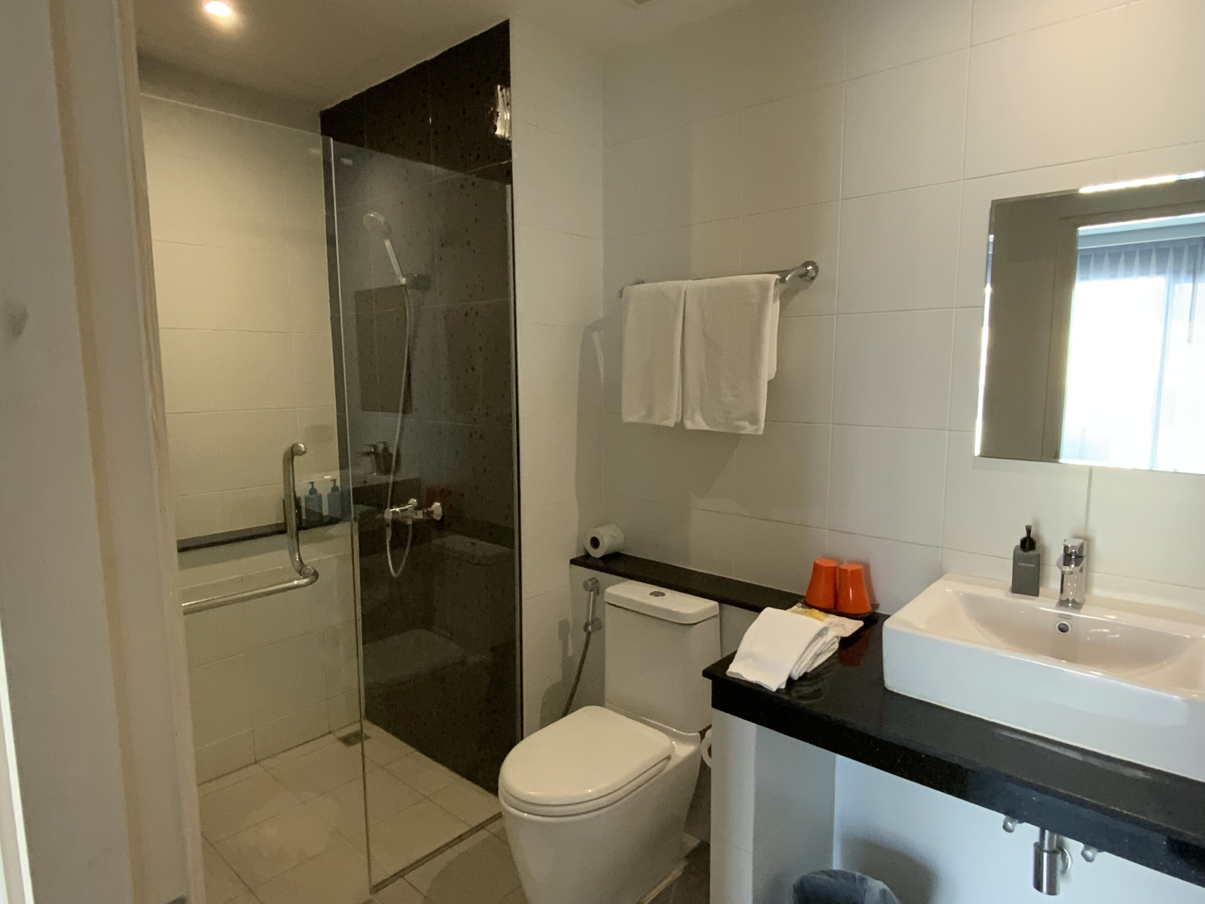 superior double room | bathroom | shower, free toiletries, hair dryer, towels
