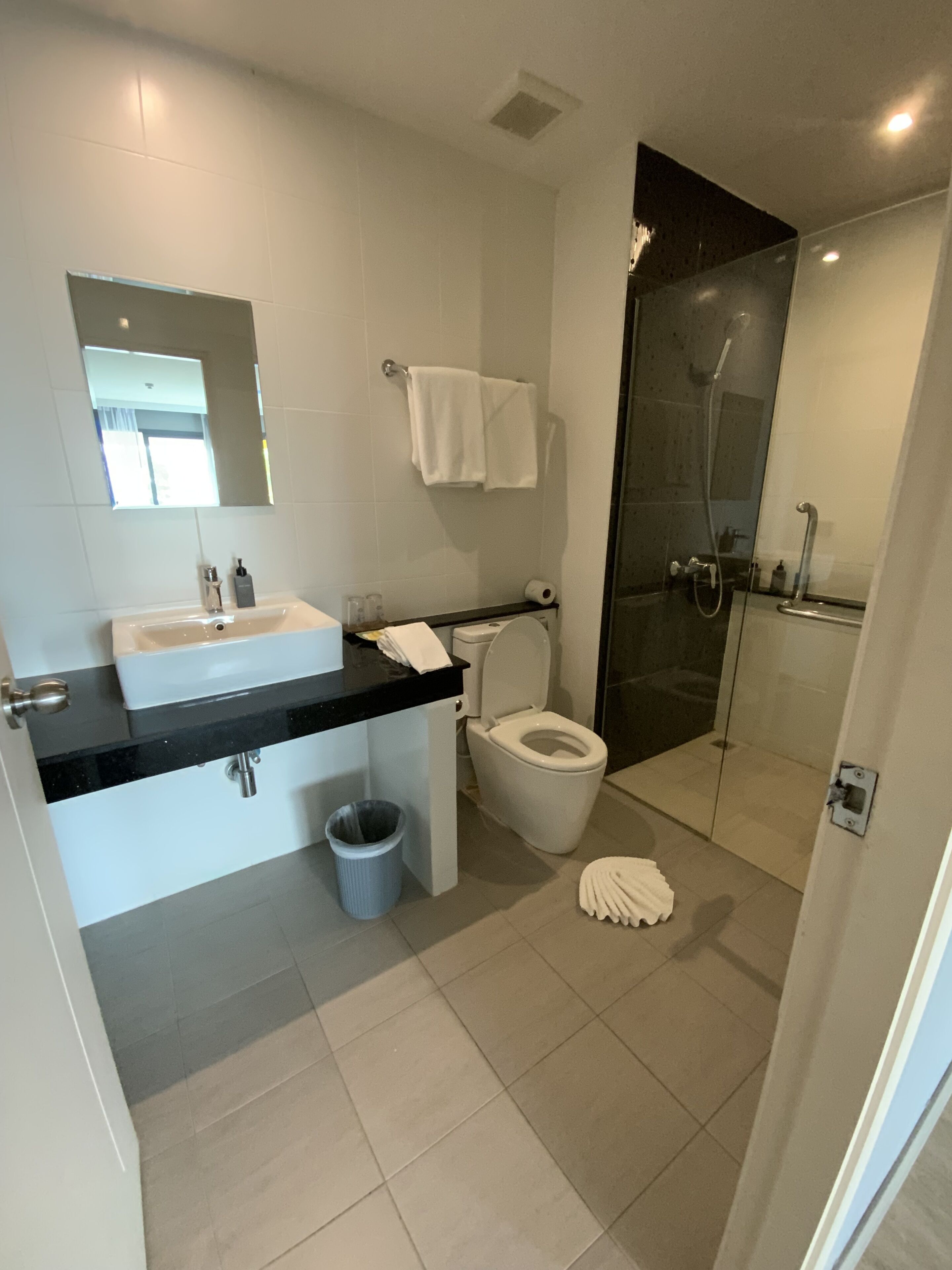 superior twin room | bathroom | shower, free toiletries, hair dryer, towels