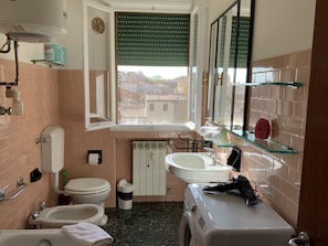 A bathroom with a toilet, bidet, sink, and a washing machine. - Venice Sweet Home (Venice)