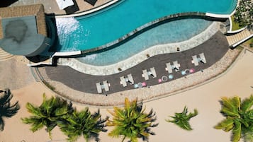 Outdoor pool, pool umbrellas, pool loungers