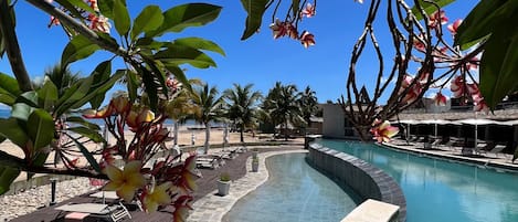 Outdoor pool, pool umbrellas, sun loungers