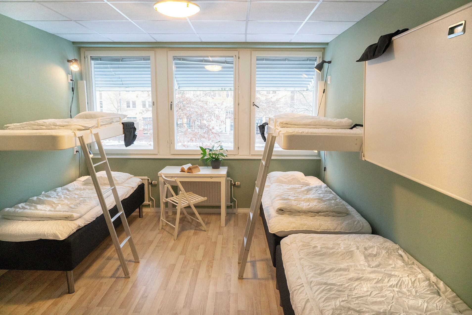 Desk, blackout curtains, soundproofing, iron/ironing board