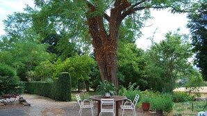 Un patio de grava con una mesa de madera y cuatro sillas blancas, rodeado de abundante vegetación y un gran árbol.
