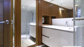 Bathtub, hair dryer, towels, soap